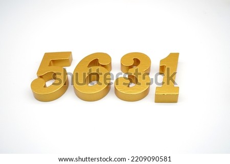   Number 5631 is made of gold-painted teak, 1 centimeter thick, placed on a white background to visualize it in 3D.                                 