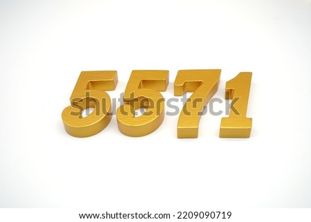 Number 5571 is made of gold-painted teak, 1 centimeter thick, placed on a white background to visualize it in 3D.                                