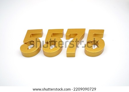 Number 5575 is made of gold-painted teak, 1 centimeter thick, placed on a white background to visualize it in 3D.                                 