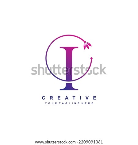 letter I logo template with blue and purple gradient colors with floral ornaments and circular lines. elegant and luxurious letter I logo design. beautiful letter I logo vector. icon I