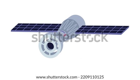 Space satellite constructed to gather information about galaxy and Earth. Artificial object flying in sky, scientific device. Vector in flat cartoon style