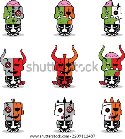 set of funny doodle monster skull horror party. halloween characters combination