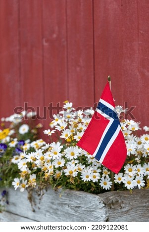 Flowers and Norwegian flag - stock photo Royalty-Free Stock Photo #2209122081