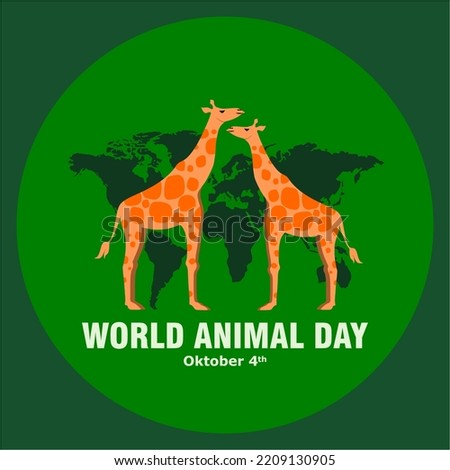 Two giraffes with a green circle on the background of the world map and the words World Animal Day, 4 October. Vector design of symbols, banners.