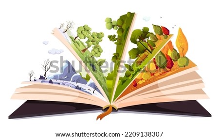 Magical story book with fairy tale. Four seasons, summer, winter, spring, autumn. Open book different off season on pages. Children and kids reading fantasy storybook about nature. Vector illustration Royalty-Free Stock Photo #2209138307