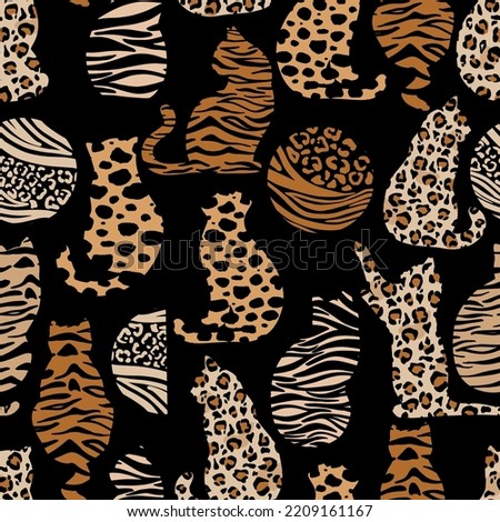 Trendy seamless pattern with cats and abstract shapes. Modern cats with wild animals skin texture. Can be used for textile, print, wallpaper.