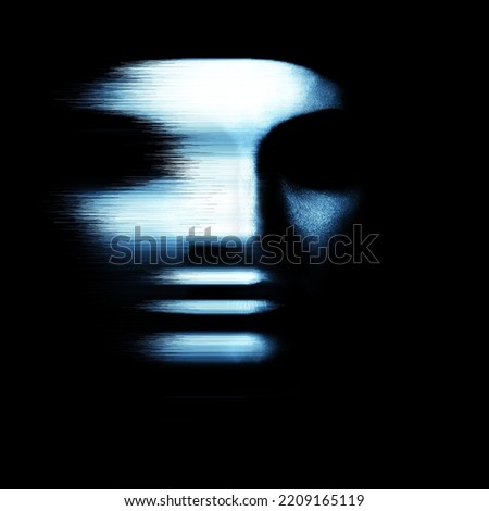 Fantasy, illusion and sci-fi concept. Abstract woman face silhouette portrait in blue neon futuristic glitch hologram effect. Bright blue vivid filter applied