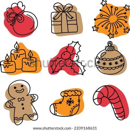 Christmas cartoon outline doodles, black and white clip art, isolated on white background