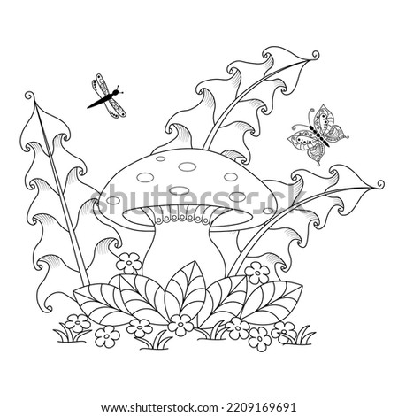 Forest mushroom, grass, flowers and butterflies on a white background. A simple coloring book for children and adults. Decorative element for design. Black contour drawing