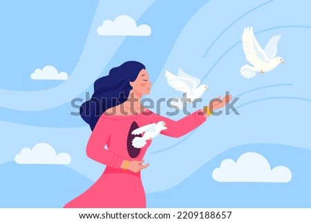 Girl frees bird. Woman release birds from her chest, recovering after psychologycal trauma or depression, female free dove in sky clouds freedom hopeful life, vector illustration of girl release