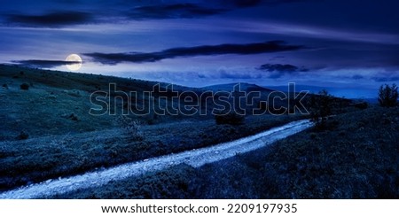 carpathian mountain landscape in summer at night. dirt road and hiking trail track. panoramic view of a hilly countryside in full moon light. fairy tale spooky looking abstract picture