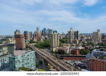 Brooklyn skyline on Hudson River in New York cityscape America from air with panoramic view of Brooklyn downtown