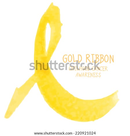 Gold ribbon. Childhood cancer awareness symbol. Vector illustration in watercolor style.
