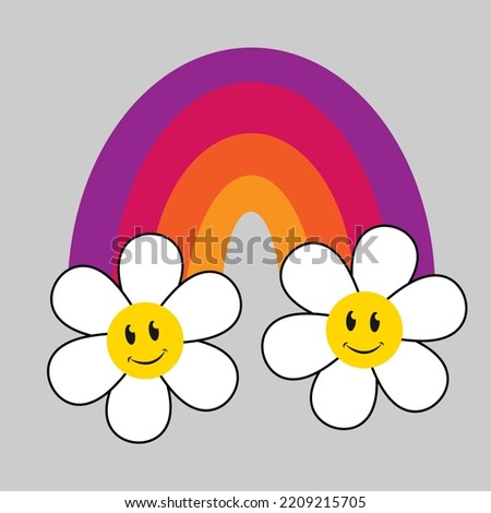 Retro Groovy Rainbow with daisy flower graphic element design. Retro 70s decorative rainbow illustration. Seventies hippie symbol. Vintage retro floral rainbow symbol. Groove mood.