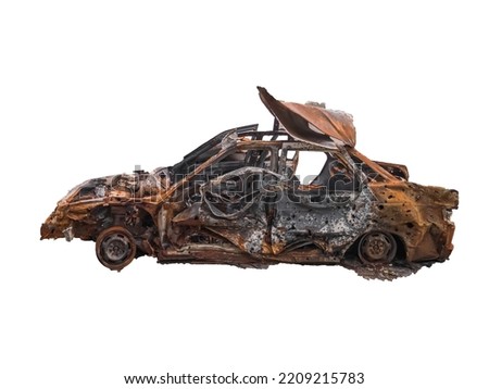 A car burnt after the explosion is isolated on a white background. Royalty-Free Stock Photo #2209215783