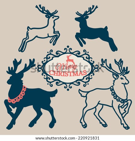 Christmas set - collection of Christmas calligraphic and typographic design with labels, symbols and elements and Christmas reindeer. Vector illustrations.