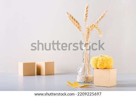 Autumn decoration. Knitted pumpkin on a cube and ears of wheat in a bottle on a light background