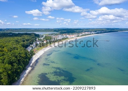 Rugen Island in Germany. View of the city of Binz. Baltic Sea. A picture with a drone. More and clouds. Order for adults and children. Tourist place. Coastline. Beach. Deuschland. Europe