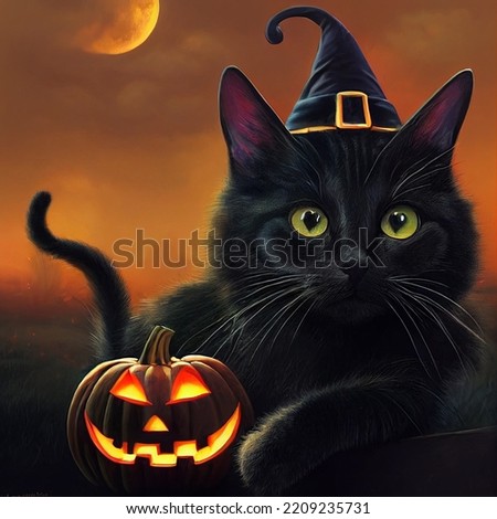 Cute cat in witch costume on Halloween night 