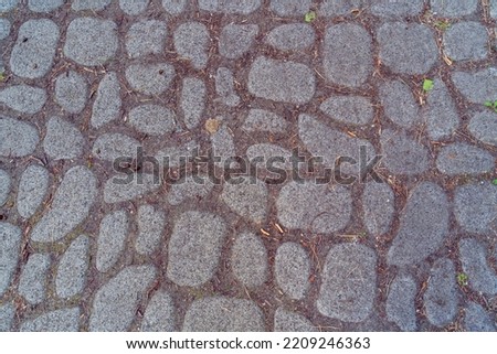path made of natural river stone cobblestones made of natural stone road photo from above close-up rounded stones next to each other compacted soil between them Royalty-Free Stock Photo #2209246363