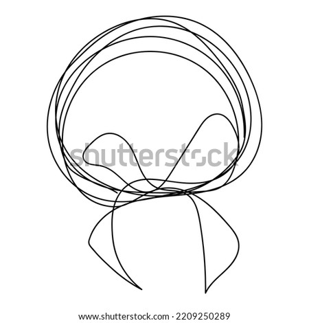 Christmas ball in a linear style with a bow. Vector drawing, Christmas tree decoration by hand, highlighted on a white background. Christmas decorations for postcards, templates.