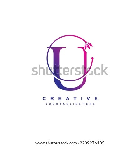 letter U logo template with blue and purple gradient colors with floral ornaments and circular lines. elegant and luxurious letter U logo design. beautiful letter U logo vector. icon U
