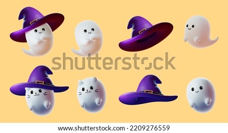 3d illustrated cute halloween ghosts set isolated on yellow background. Including, ghosts with and without witch hats and kitty ghosts with and without witch hats.