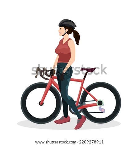 girl wearing cycling clothes standing next to a road bike.Isolated vector illustration on a white background.Eco transport.Cute design for t shirt print, icon, logo, label patch or sticker