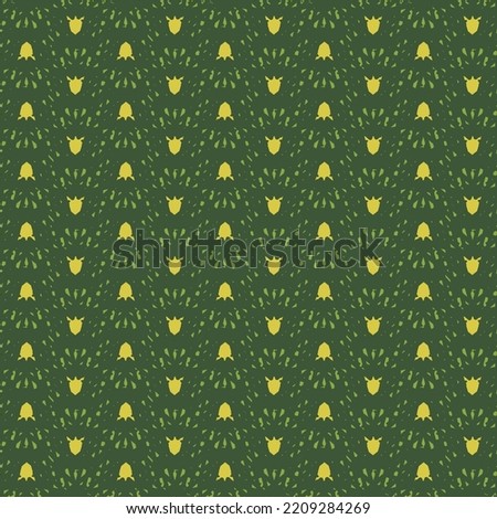 Field with green grass and yellow flowers, repeated decorative design. Wrapping paper. Floral pattern.