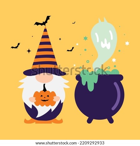 Halloween gnomes with pumpkin hat Halloween sticks cauldron birds stars vector template