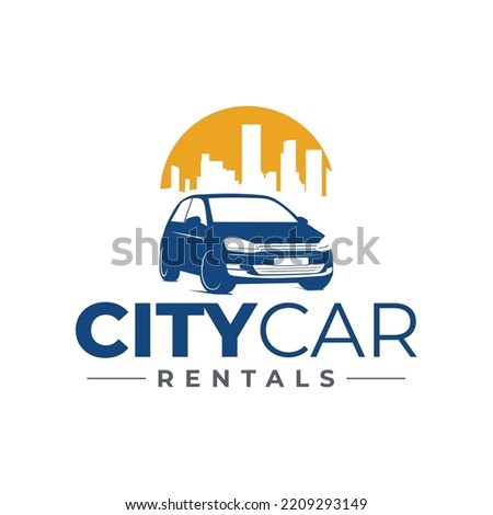 Rental Car Business Logo with Sun City Silhoutte Illustration Royalty-Free Stock Photo #2209293149