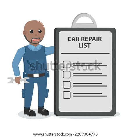mechanic african with repair list clipboard design character on white background