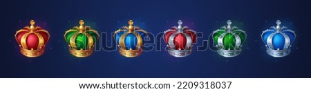 Set of golden crowns for king or queen, colorful crowning headdress for Monarch. Royal gold monarchy medieval emperor coronation symbol, isolated imperial game assets, Realistic 3d vector illustration