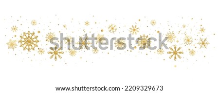 Gold glitter snowflakes decoration wave. Celebration design elements. Golden snowflake border with different ornament. Luxury Christmas greeting card. Winter ornament. Vector illustration.