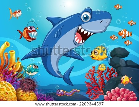 Funny shark with sea animals in the ocean illustration
