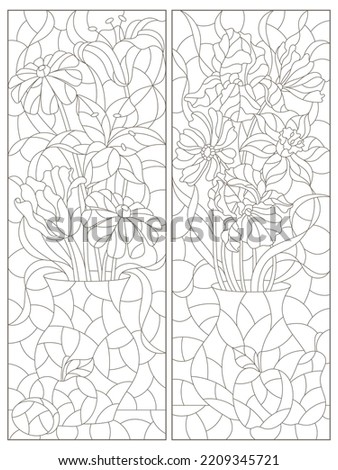 A set of contour illustrations in the style of stained glass with a floral still life, flowers and fruits on a blue background