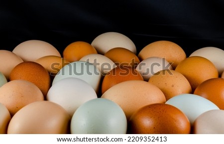 There are a lot of chicken eggs of different colors on the table horizontally.