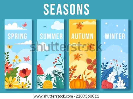 Scenery of the Four Seasons of Nature with Landscape Spring, Summer, Autumn and Winter in Template Hand Drawn Cartoon Flat Style Illustration Royalty-Free Stock Photo #2209360011
