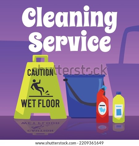 Banner or poster template for house cleaning services with cleaning tools and detergents, flat vector illustration on color background. Professional cleaning service.