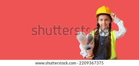 Cute little architect on red background with space for text Royalty-Free Stock Photo #2209367375