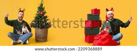 Happy men with cute dog, Christmas tree and many gifts on yellow background