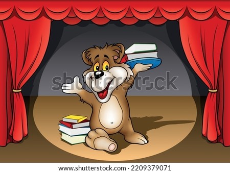 A Smiling and Cute Brown Teddy Bear Carries a Tray of Books - Colored Cartoon Illustration with Background, Vector