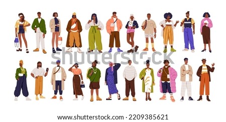 Modern black people set. African-American men, women standing in fashion apparel. Stylish happy young characters portraits in trendy clothes. Flat vector illustrations isolated on white background