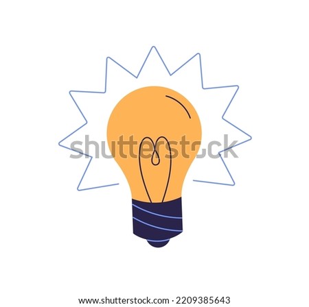 Electric lightbulb, glowing lamp. Lit light bulb, symbol of creative idea, solution, inspiration. Innovation, creativity, discovery concept. Flat vector illustration isolated on white background Royalty-Free Stock Photo #2209385643