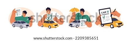 Car insurance coverage concept. Driver and paper document for insured auto vehicle. Automobile protection, security, safety set. Flat graphic vector illustrations isolated on white background