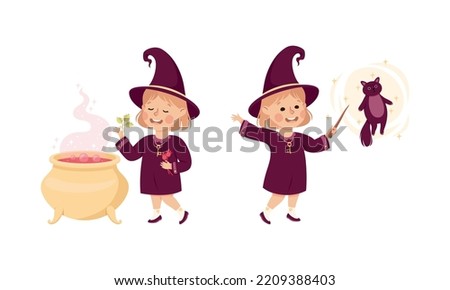 Happy Girl Witch in Purple Dress and Pointed Hat Near Boiling Cauldron and with Magic Wand Vector Set