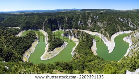 Panorama of Uvac river meander curves  seen from Molitva point at the top of the Canyon. Southwest of Serbia Royalty-Free Stock Photo #2209391135