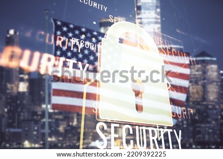 Virtual creative lock illustration with microcircuit on USA flag and blurry skyscrapers background, cyber security concept. Multiexposure Royalty-Free Stock Photo #2209392225