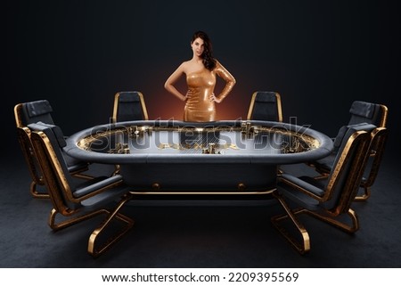 Croupier girl at the poker table, poker room. Poker game, casino, Texas hold'em, online game, card games. Modern design, magazine style Royalty-Free Stock Photo #2209395569