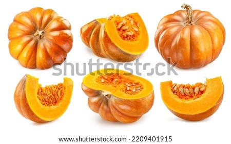 Orange round pumpkins,pumpkin slices with pumpkin seeds isolated on white background. 